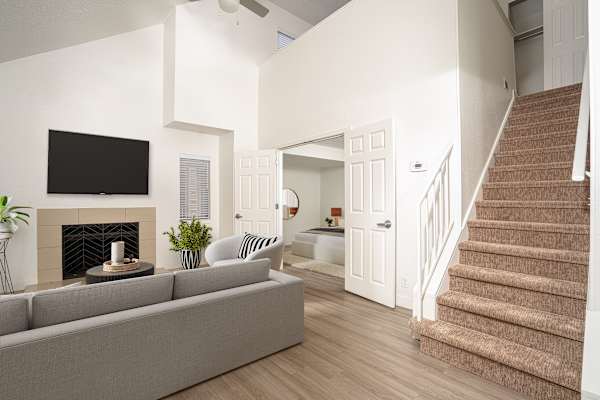 Contemporary Living Room at AVIA Lofts on Victors Way, Ann Arbor, MI, 48108